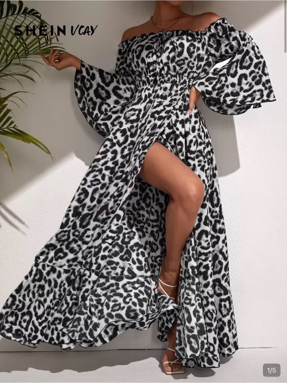 SHEIN Black & White Off Shoulder Leopard Print Maxi Dress